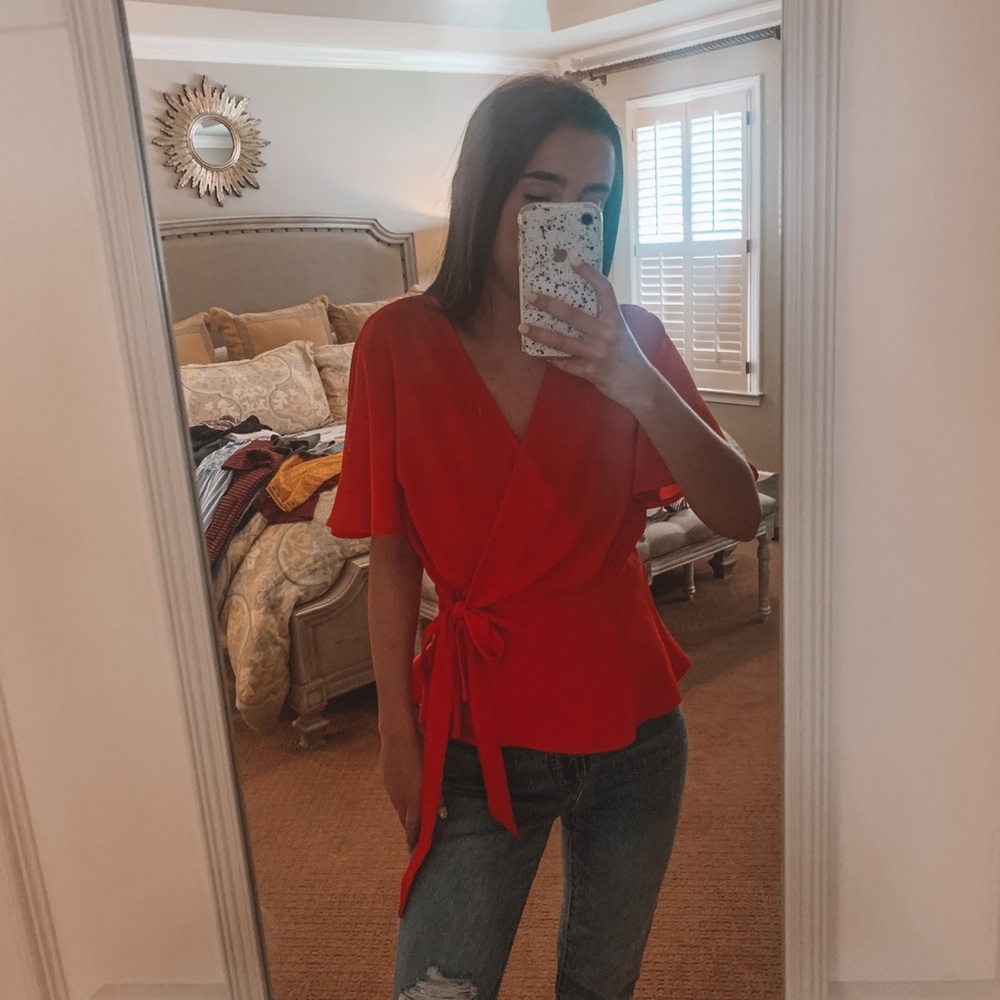 red front tie blouse